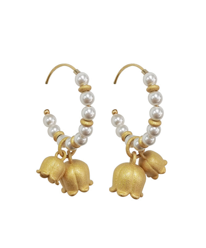 Pearl Patchwork Small Bell 14k Gold Hoop Earrings