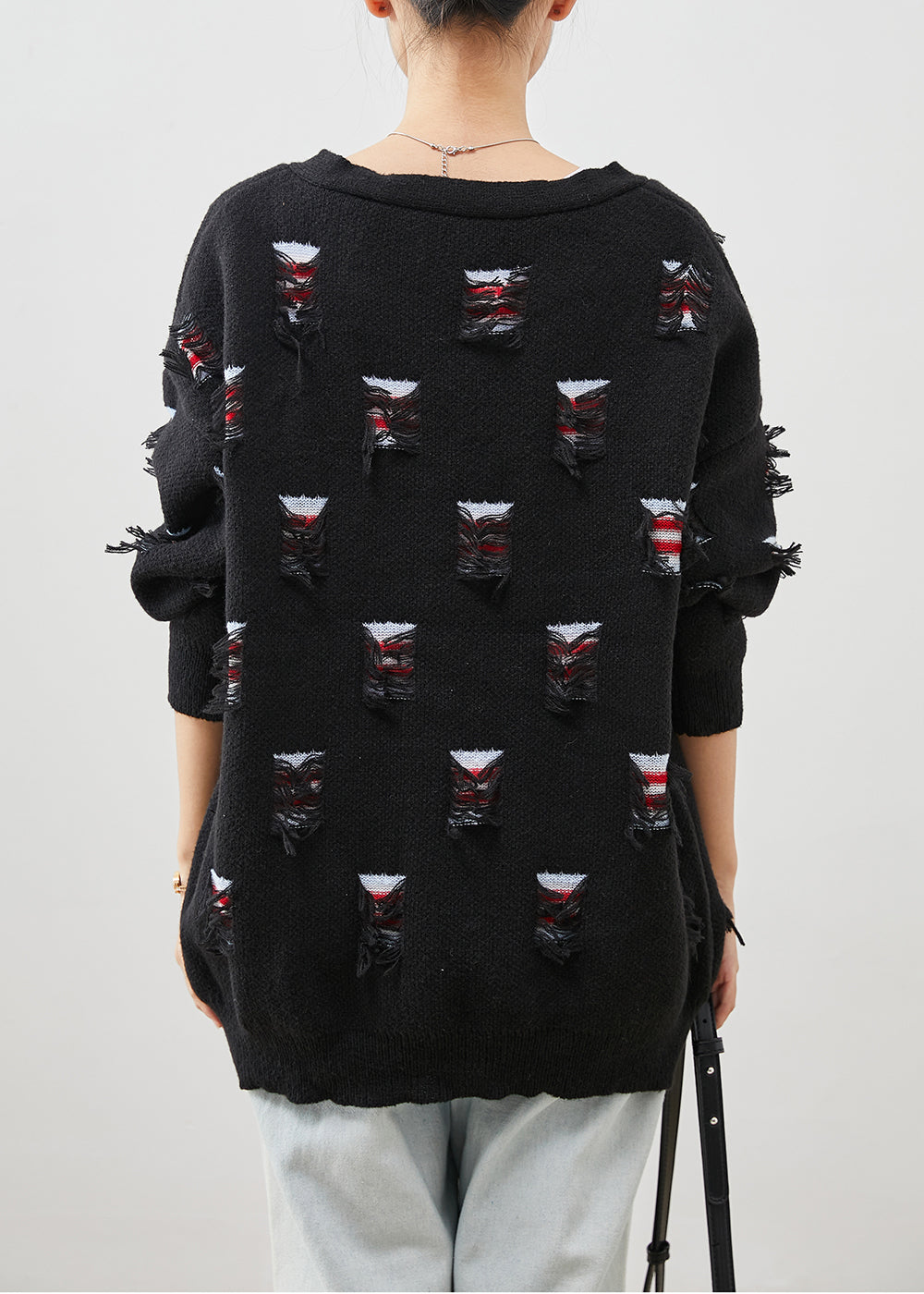 Black Oversized Ripped Thick Knit Coat Spring