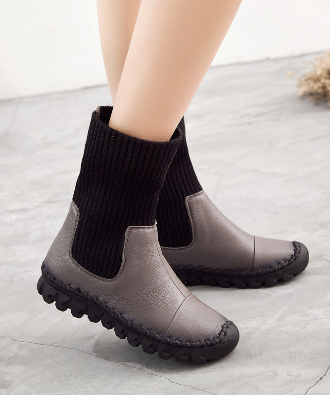 Grey Faux Leather Boots Knit Splicing Boots