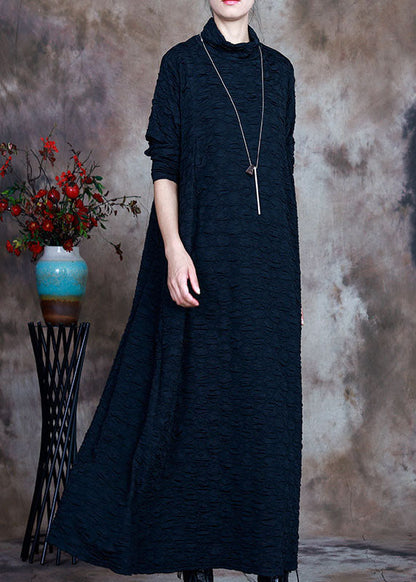 French Navy Turtleneck Circle Asymmetrical Design Fall Long Sleeve Long Dresses