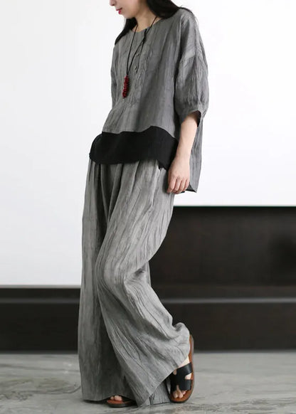 Grey O-neck Patchwork Linen Two Piece Set Outfits Half Sleeve