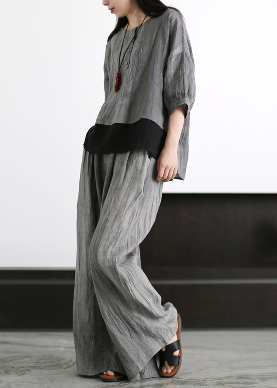 Grey O-neck Patchwork Linen Two Piece Set Outfits Half Sleeve