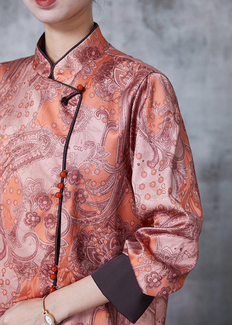 Brick Red Mandarin Collar Print Silk Shirt Spring