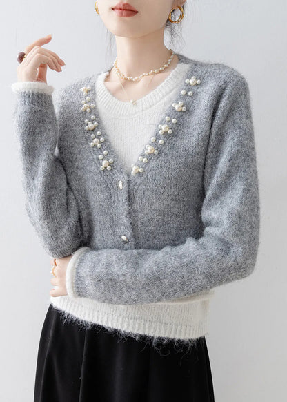 Boutique Grey Nail Bead Patchwork False Two Pieces Knit Sweaters Spring
