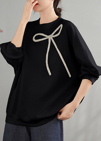 Black O Neck Bow Cotton Pullover Top Spring