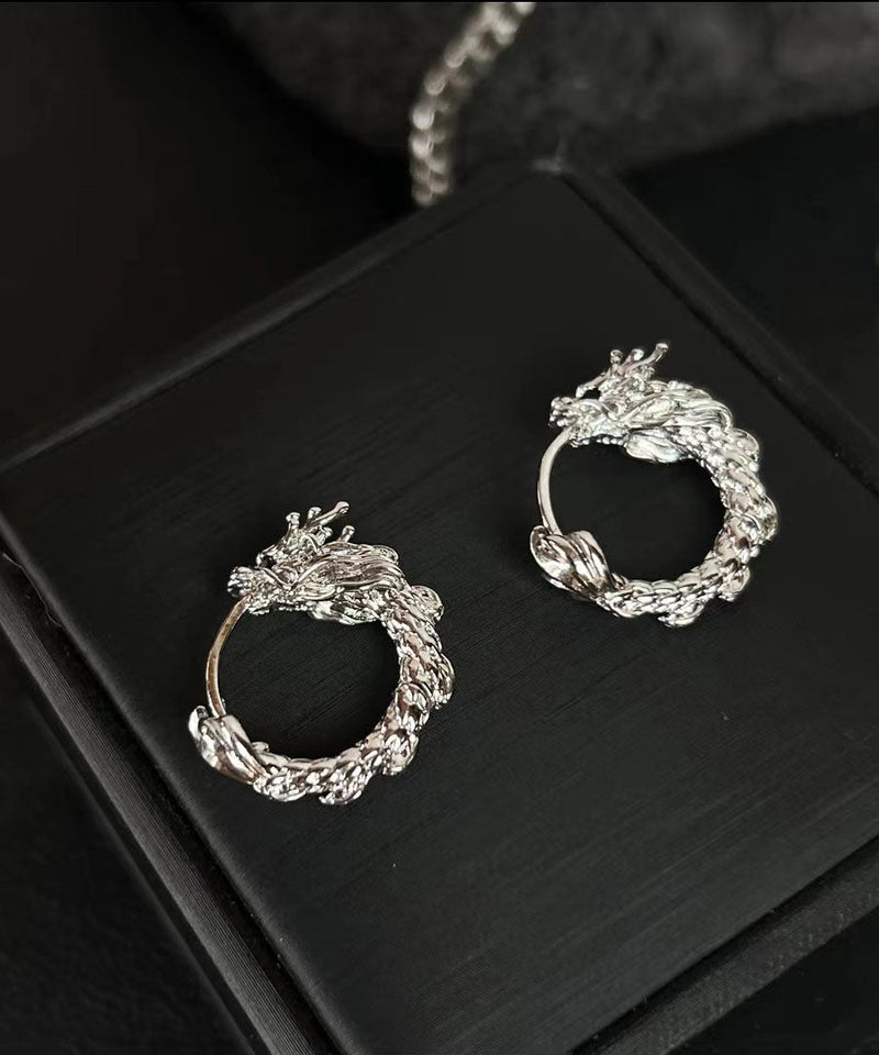 Silk Sterling Silver Dragon Shaped Circle Hoop Earrings