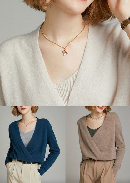 Beige V Neck Button Patchwork Woolen Knit Cardigan Fall