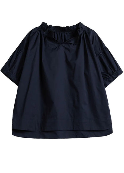 Loose Navy Ruffled Color Cotton Shirt Tops Short Sleeve