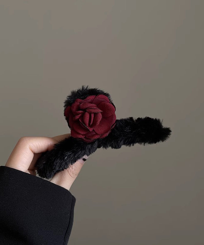 Black Fluffy Rose Shark Clamp Hairpin