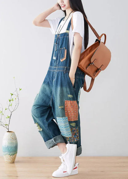 Art Blue Pockets Patchwork Ripped Denim Jumpsuit Spring