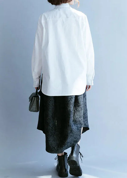 French White Asymmetrical Nail Bead Cotton Shirt Top Spring