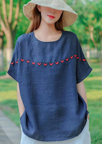 Navy O-neck Embroideried Cotton Tank Tops Short Sleeve