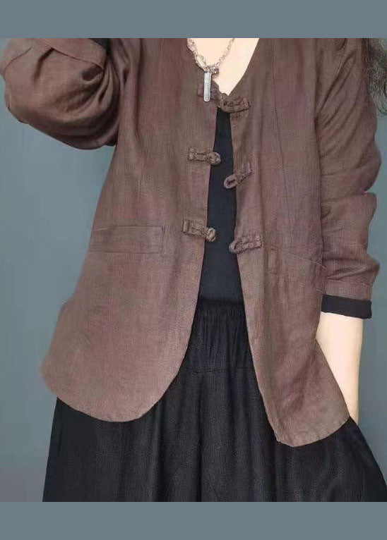 Chocolate Button Pockets V Neck Linen Coat Long Sleeve