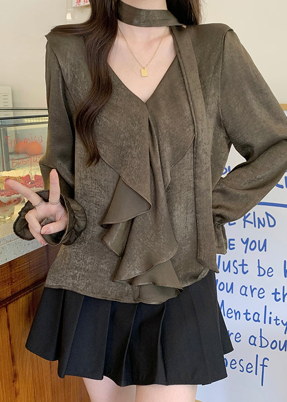 Tea Green V Neck Ruffles Chiffon Tops Fall