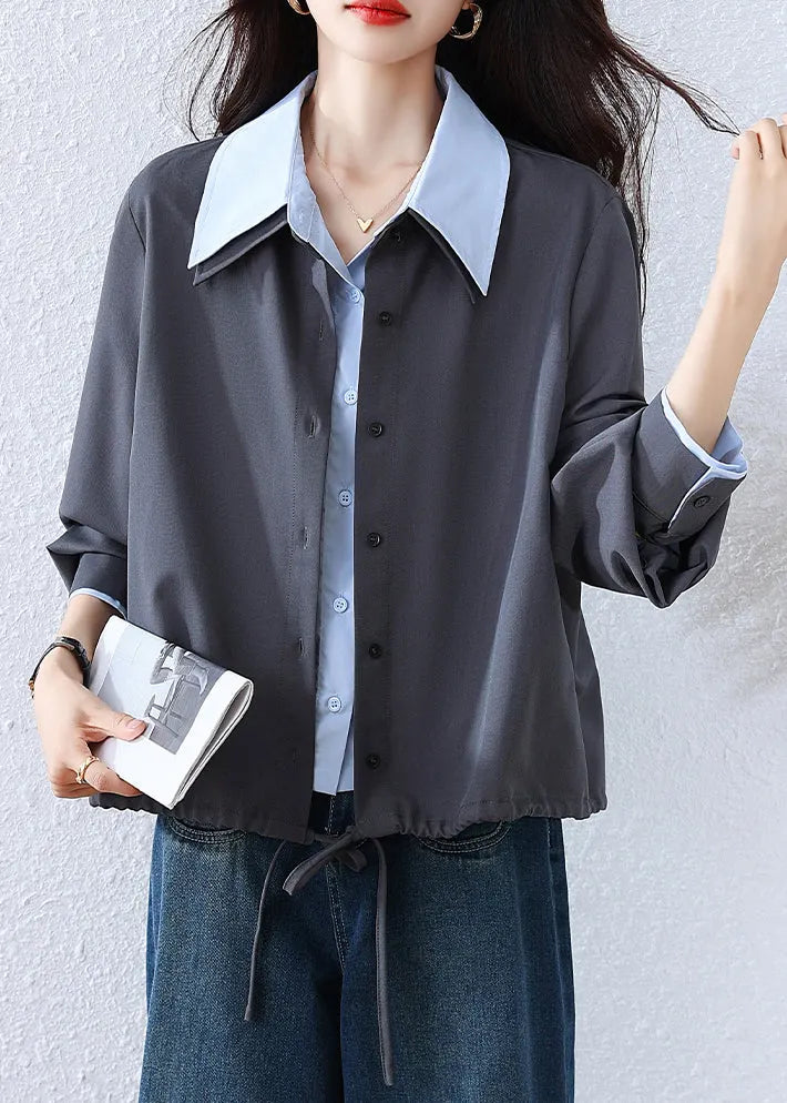 French Grey Button False Two Pieces Patchwork Cotton Blouses Fall