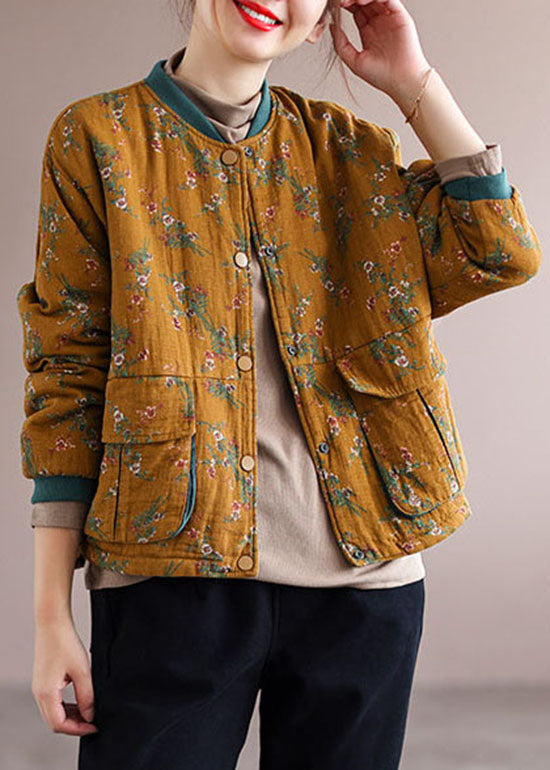 Orange Pockets Print Fine Cotton Filled Coats Spring