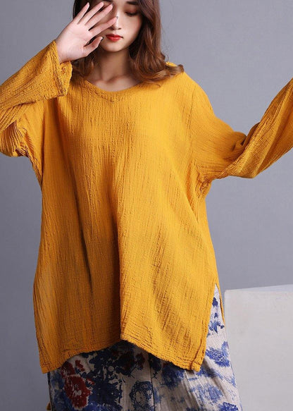 Yellow U Neck Low High Design Linen Spring Shirt