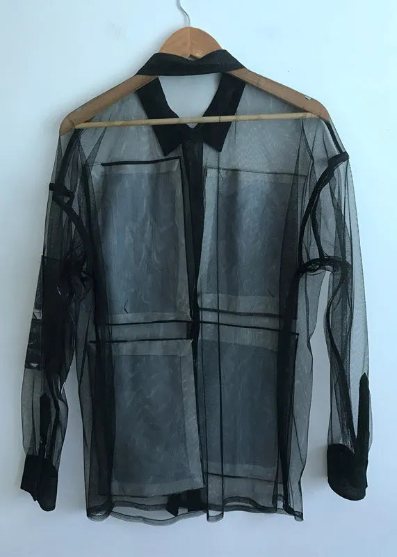 Black Print Button Tulle Blouse Summer