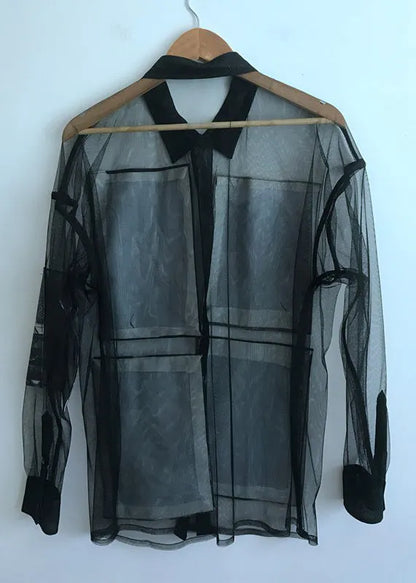 Black Print Button Tulle Blouse Summer