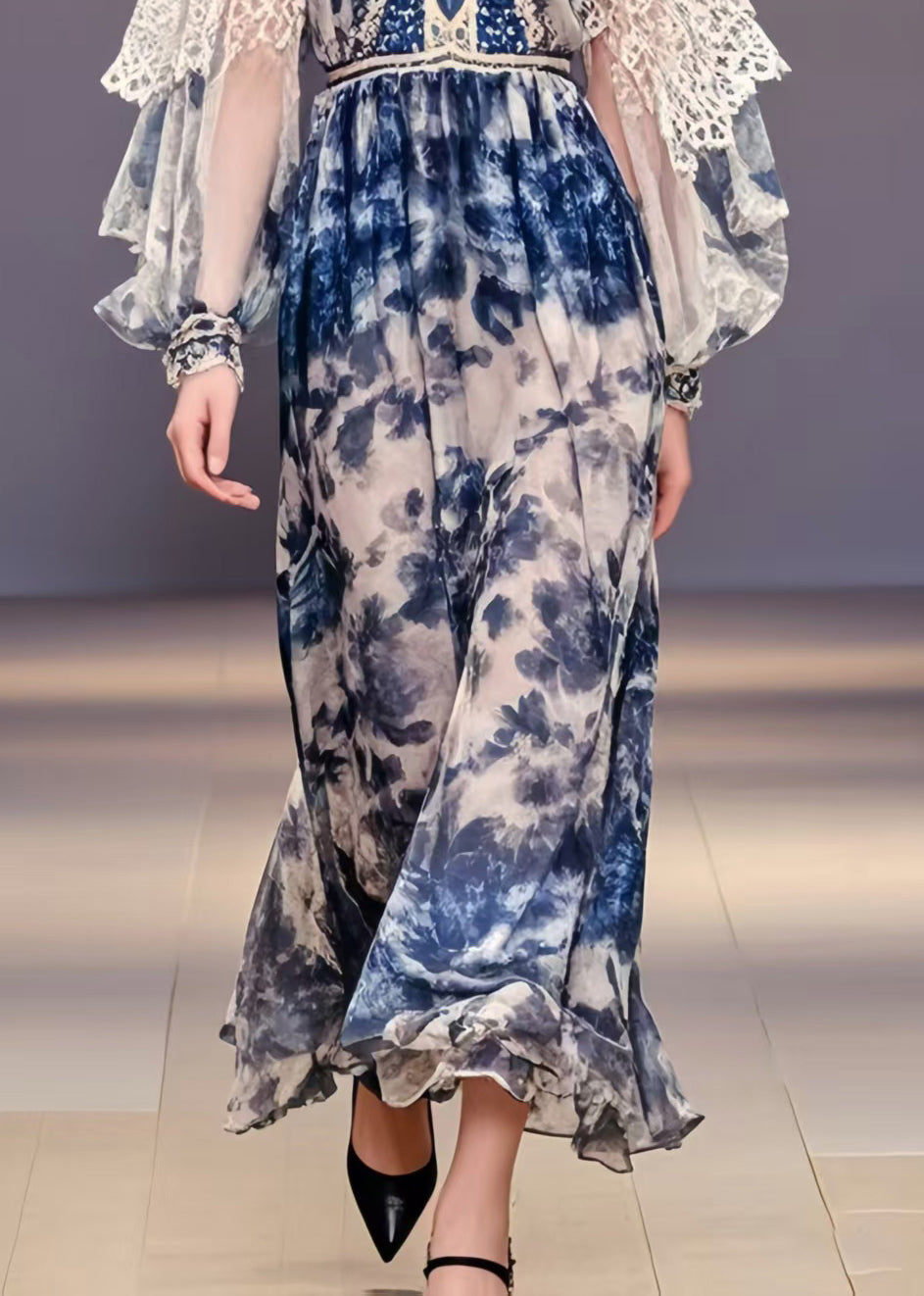 Navy Print Chiffon Party Dress Lantern Sleeve Spring