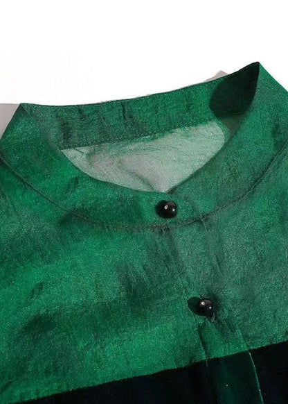 Green Stand Collar Patchwork Silk Velour Shirt Top Spring