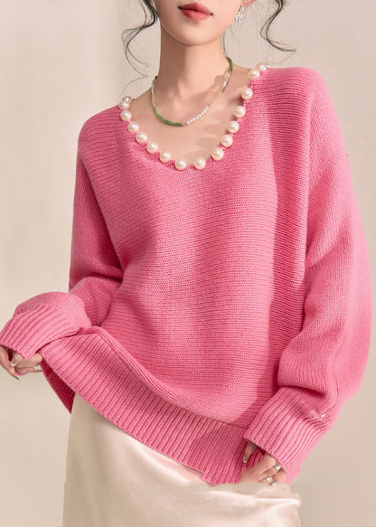 Brief Pink Thick Cotton Knit Sweater V Neck Pearl Lantern Sleeve Fall