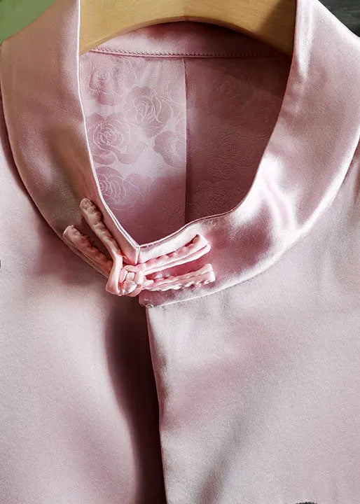 Pink Stand Collar Embroideried Patchwork Silk Vest Sleeveless