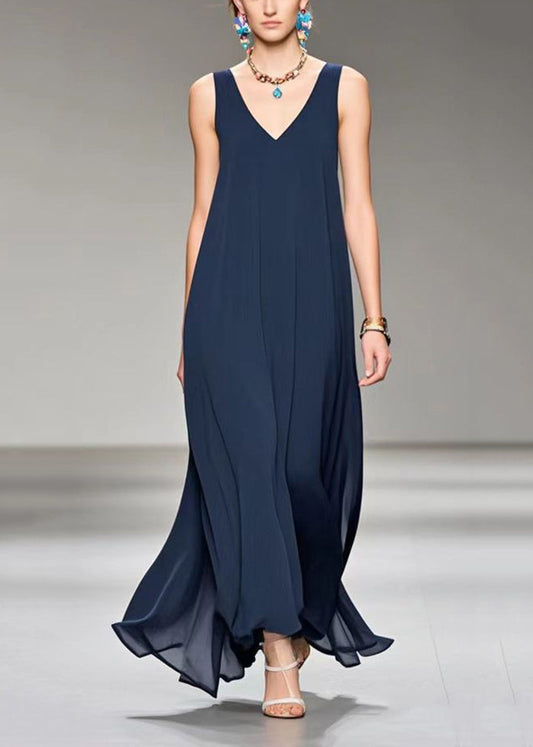 Navy V Neck Draping Chiffon Cami Dress Sleeveless Summer