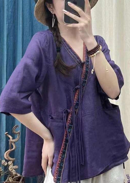 Rose V Neck Chinese Button Cotton Shirt Half Sleeve