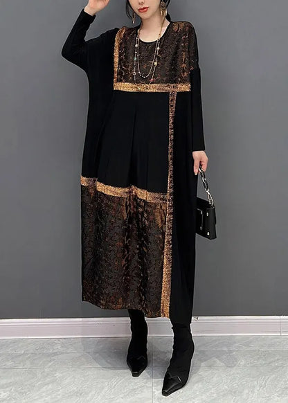 Black O Neck Organza Patchwork Cotton Dress Fall
