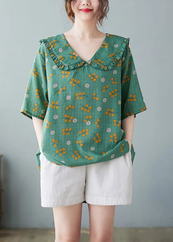 Green Peter Pan Collar Ruffled Print Linen Tops Half Sleeve