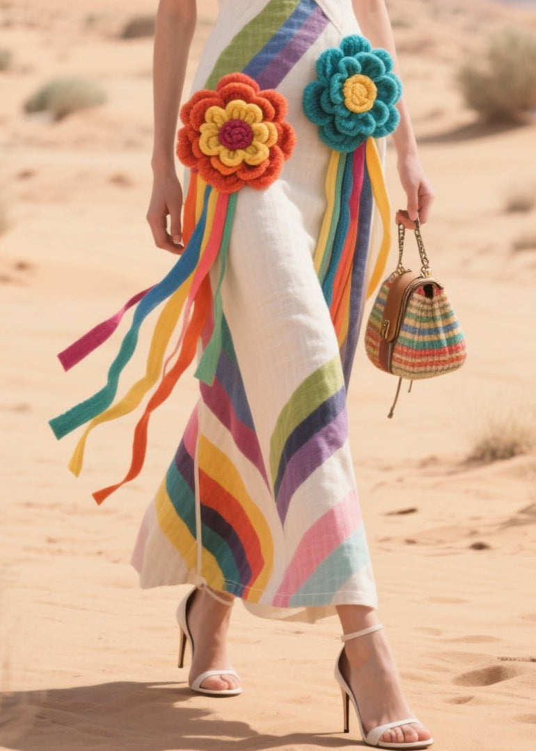 White Striped Flower Decorated Cotton Tea Dress Summer
