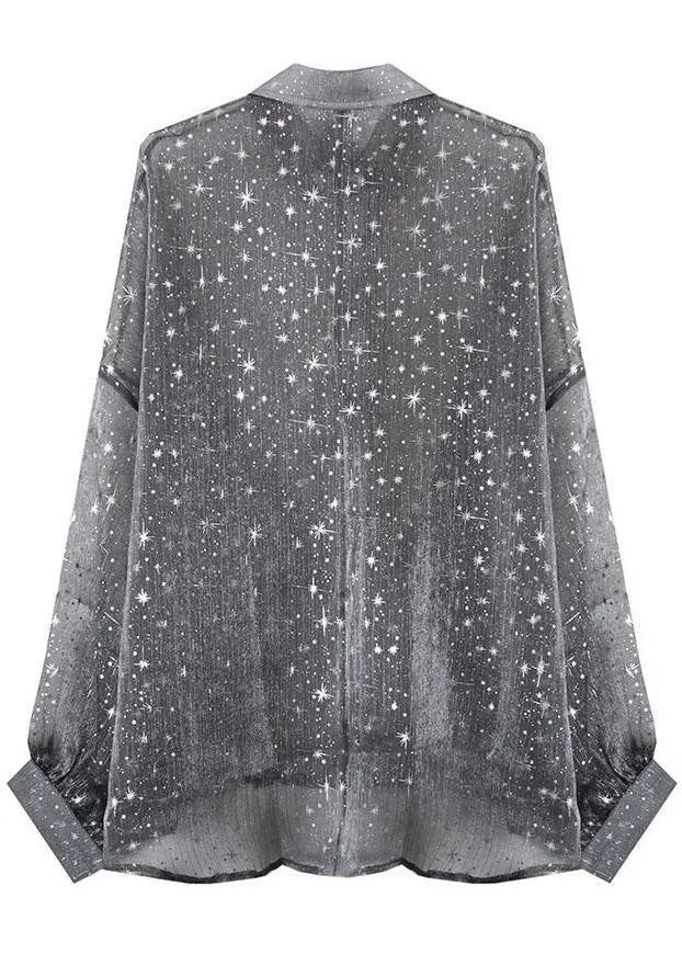 Grey Print Peter Pan Collar Button Blouse Top