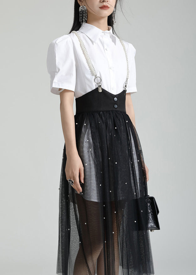 French White Peter Pan Collar Shirt Dresses and Tulle Skirt Two Pieces Set Summer