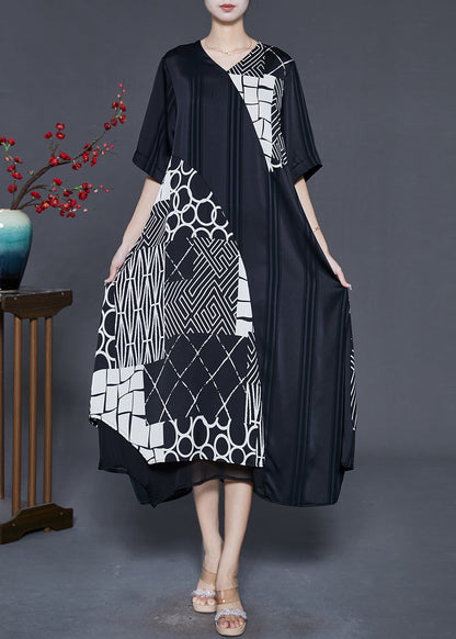 Black Asymmetrical Patchwork Silk Maxi Dresses Summer