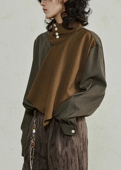 Unique Colorblock Turtleneck Asymmetrical Patchwork T Shirt Lantern Sleeve