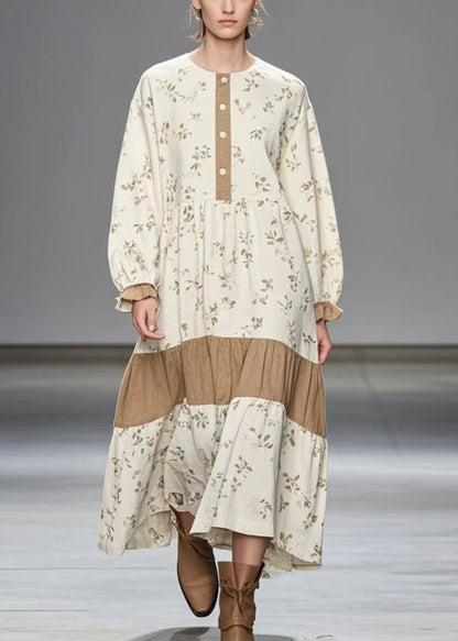 Fitted White Oversized Patchwork Print Velour Long Dresses Spring