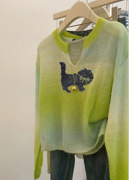 Grass Green V Neck Tie Dye Knit Sweater Spring