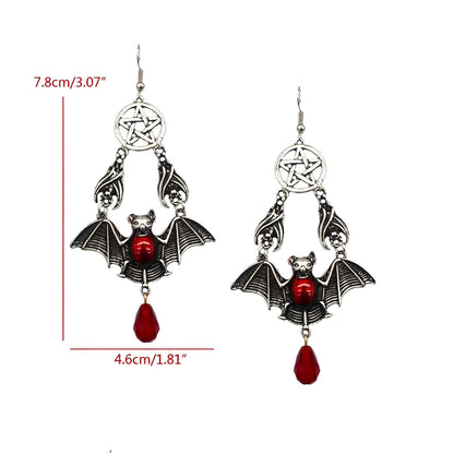 Pentacle Red Vampire Bat Wing Earrings