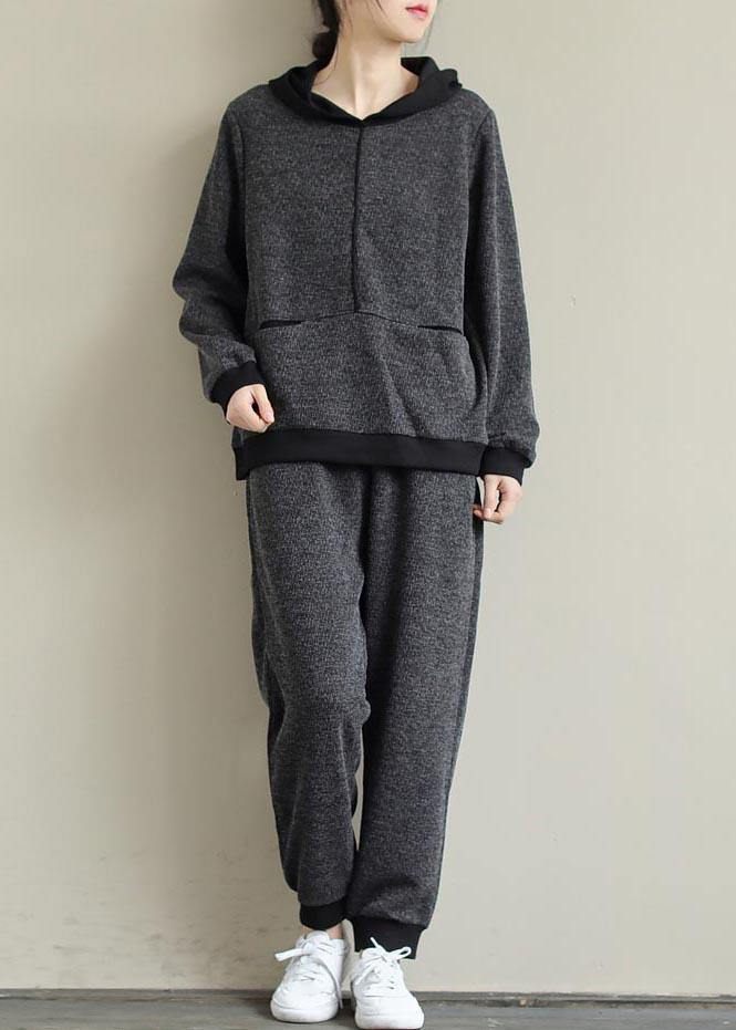 Art Loose Gray Color Matching Hooded Sweater and Elastic Pants Suit