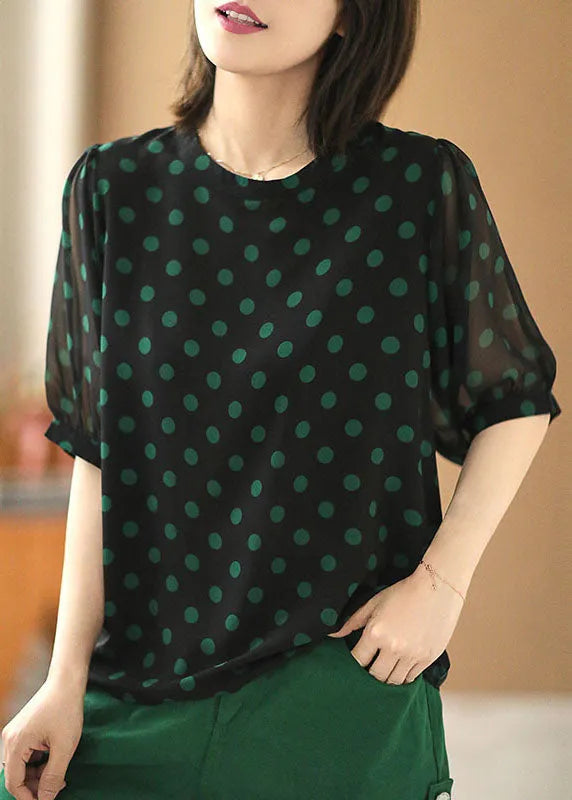 Stylish Black O-neck Dot Print Draping Chiffon Shirt Short Sleeve