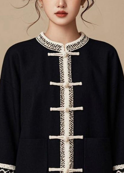 Italian Black O-neck Button Patchwork Cotton Coat Fall