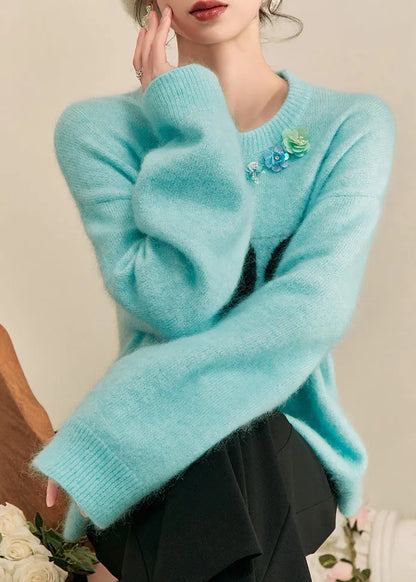 Blue Print Patchwork Thick Cotton Knit Sweater Long Sleeve Fall