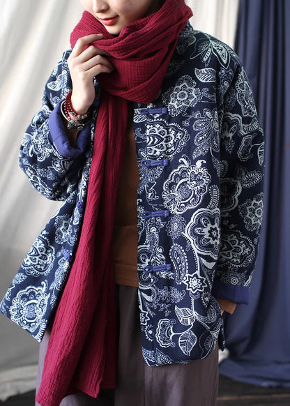 Blue Stand Collar Print Fine Cotton Filled Jackets Spring