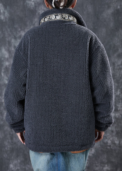 Grey Patchwork Chinese Button Fine Cotton Filled Coat Stand Collar Winter