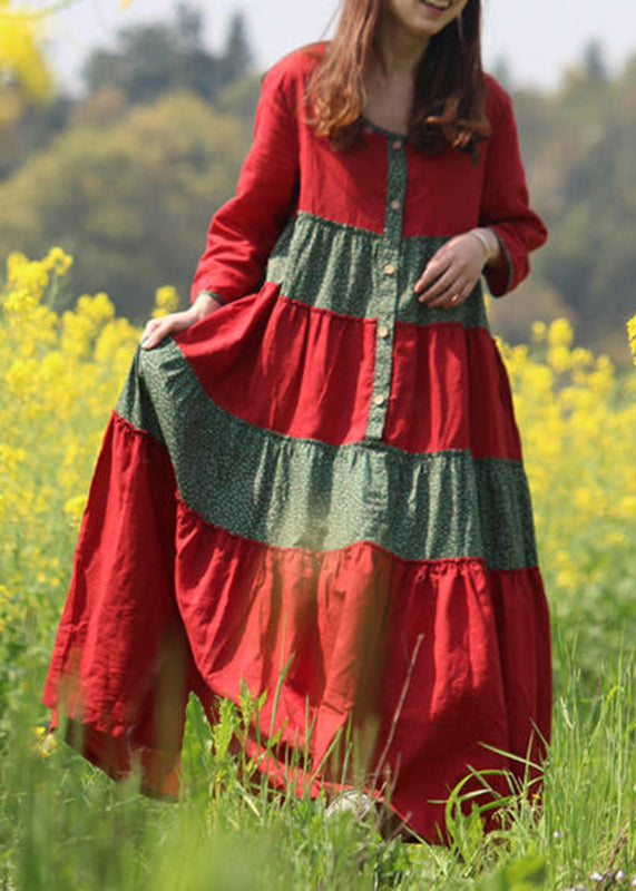Red O-neck Wrinkled Patchwork Long Dresses Spring