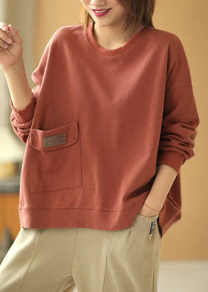 Comfy Brick Red Loose O-neck Pockets Fall Sweatshirt Street Wear