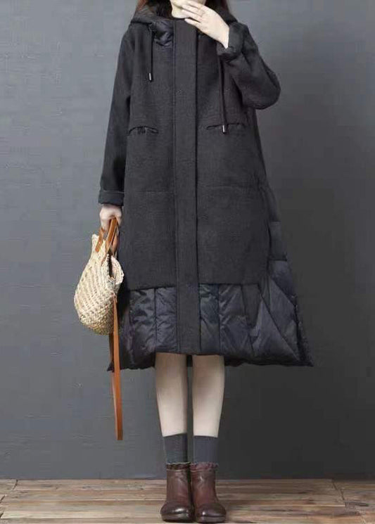 Black Hooded Pockets Patchwork Thick Long Coat Winter