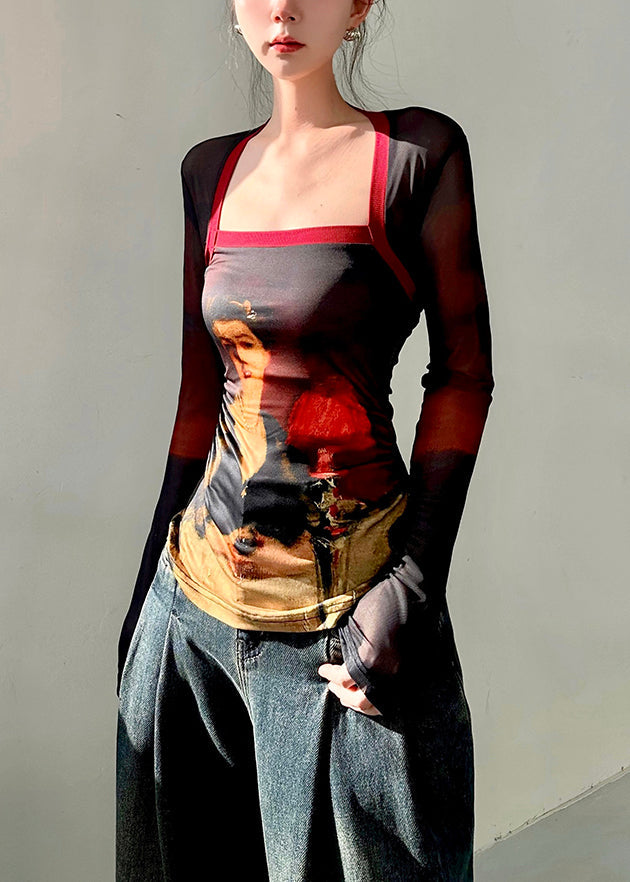 Oil Painting Style Square Neck Slim Fit T Shirt Fall
