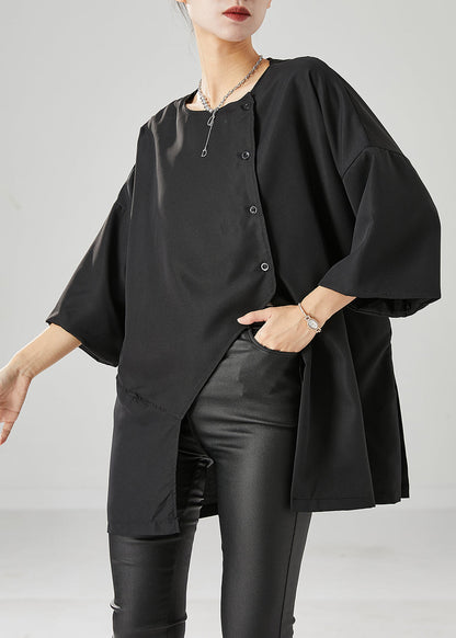 Loose Black Asymmetrical Side Open Cotton Blouses Bracelet Sleeve